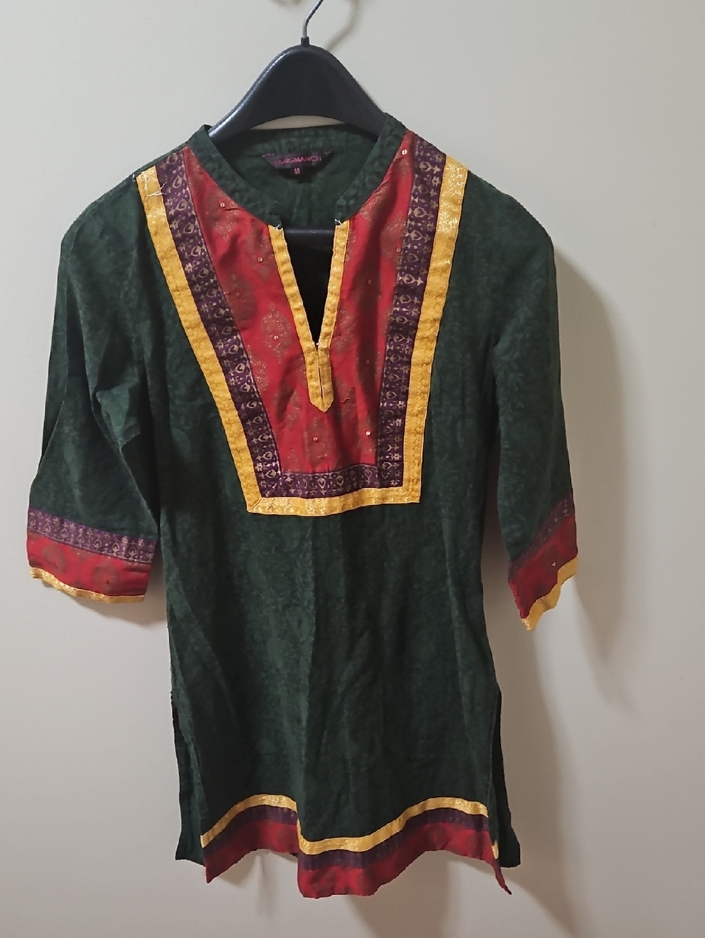 Men's Dark Green Ethnic Kurta with Red & Gold Accents